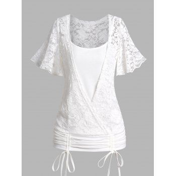 

Lace Cinched Overlay T Shirt Plain Color Flutter Sleeve Casual Faux Twinset Top, White