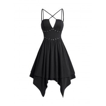 

Gothic Eyelet Solid Color Midi Asymmetric Dress Spaghetti Strap Notched Handkerchief Dress, Black