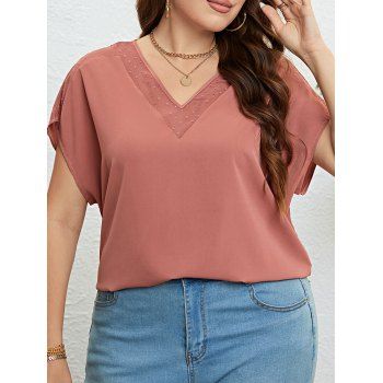 

Plus Size Patchwork Blouse Plain Color Batwing Sleeve V Neck Casual Top, Dark orange