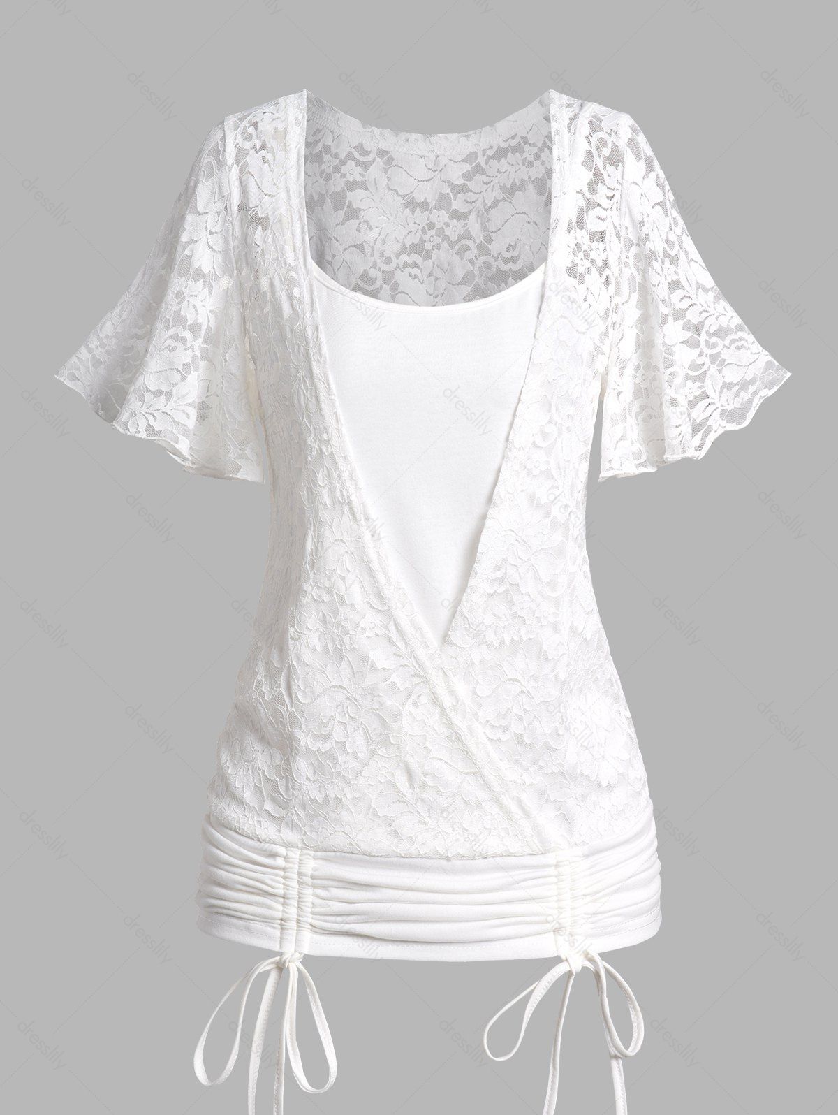 Dresslily Lace Cinched Overlay T Shirt Plain Color Flutter Sleeve Casual Faux Twinset Top