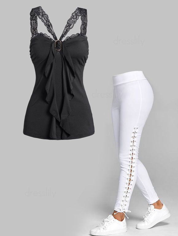 Ensemble de Débardeur Simple Brillant Transparent Panneau en Dentelle et Pantalon Simple - multicolor S