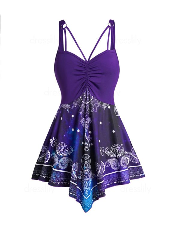 Plus Size Galaxy Skull Paisley Print Ruched Tank Top O Ring Casual Asymmetric Top - PURPLE L