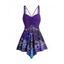 Plus Size Galaxy Skull Paisley Print Ruched Tank Top O Ring Casual Asymmetric Top - PURPLE L