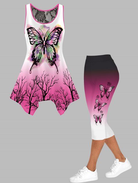 Forest Print Asymmetrical Contrast Piping Top and Ombre Print Cropped Leggings Casual Outfit
