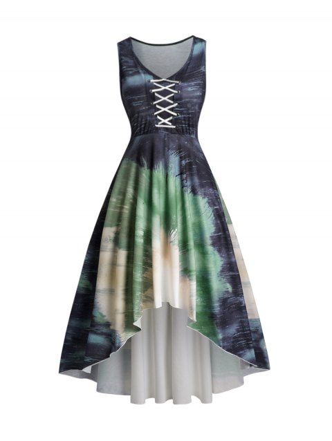 Lace Up High Low Midi Dress Tie Dye Painting Print V Neck High Waist Sleeveless Dress