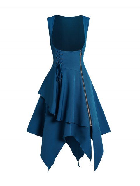 Lace Up Zip Handkerchief Dress Plain Color Sleeveless Casual Mini Dress