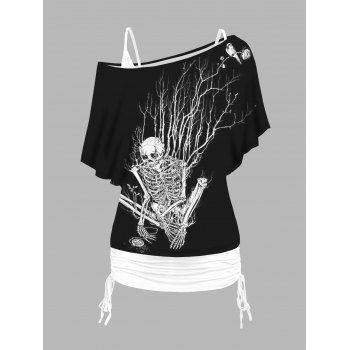 

Skeleton Print Oblique Shoulder T Shirt and Cinched Ruched Tank Top Set, Black