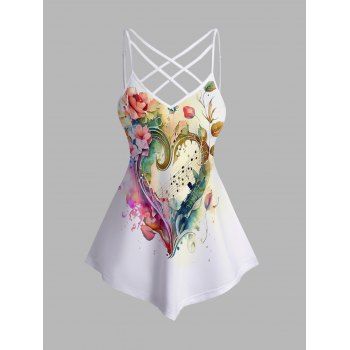 

Music Note and Flower Print Tank Top Lattice Strap Asymmetrical Hem Top, White