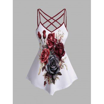 

Rose Print Tank Top Adjustable Lattice Strap Asymmetrical Top, White