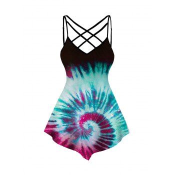 

Spiral Tie Dye Print Tank Top Adjustable Lattice Spaghetti Strap Casual Top, Black