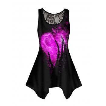 

Skeleton and Heart Print Tank Top Lace Asymmetrical Hem Round Neck Top, Black