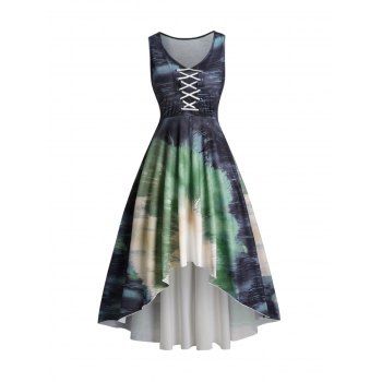 

Lace Up High Low Midi Dress Tie Dye Painting Print V Neck High Waist Sleeveless Dress, Gray