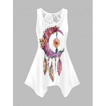 

Feather Dreamcatcher Print Tank Top Round Neck Lace Asymmetrical Hem Top, White