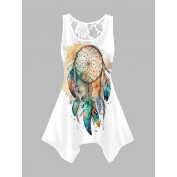 

Feather Dreamcatcher Print Tank Top Asymmetrical Hem Lace Casual Top, White