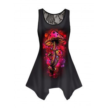

Mushroom Print Lace Tank Top Asymmetrical Hem Round Neck Casual Top, Black