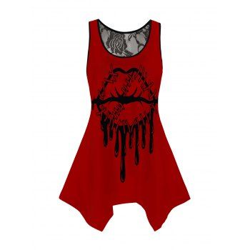 

Lip Print Lace Tank Top Asymmetrical Hem Round Collar Casual Top, Deep red