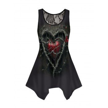 

Heart Print Gothic Tank Top Asymmetrical Hem Lace Casual Top, Black