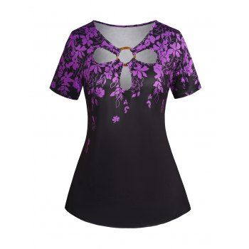 

Plus Size Floral Print T Shirt Hollow Out O Ring Casual Tee, Purple