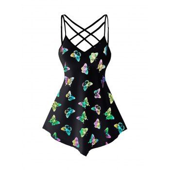 

Butterfly Print Tank Top Adjustable Lattice Strap Casual Top, Black