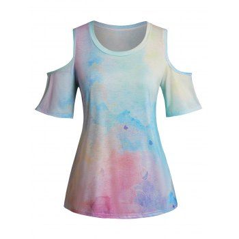 

Plus Size Tie Dye T Shirt Cold Shoulder Round Neck Casual Tee, Multicolor a