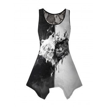 

Skull Print Colorblock Tank Top Asymmetrical Hem Lace Casual Top, Black