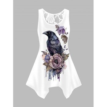 

Crow and Flower Print Tank Top Asymmetrical Hem Lace Round Neck Top, White