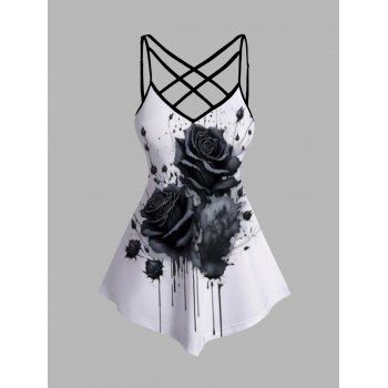 

Rose Print Colorblock Tank Top Lattice Strap Asymmetrical Hem Top, White