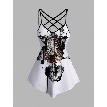 

Skeleton and Rose Print Tank Top Lattice Strap Asymmetrical Hem Top, White