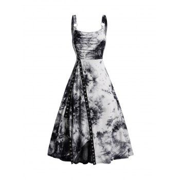 

Tie Dye Print Grommet Dress O Ring Side Slit Casual Midi Dress, Black