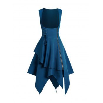 

Lace Up Zip Handkerchief Dress Plain Color Sleeveless Casual Mini Dress, Deep blue