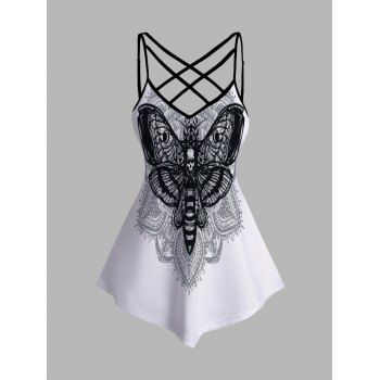 

Butterfly and Skull Print Tank Top Lattice Strap Asymmetrical Hem Top, White