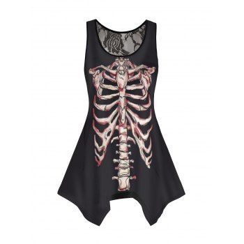 

Skeleton Print Tank Top Asymmetrical Hem Lace Casual Top, Black