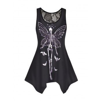 

Skeleton Print Tank Top Asymmetrical Hem Round Neck Casual Top, Black