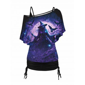 

Crow and Witch Print Oblique Shoulder T Shirt and Cinched Ruched Tank Top Set, Black