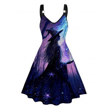 

Witch and Forest Print Dress O Ring A Line Casual Mini Dress, Black