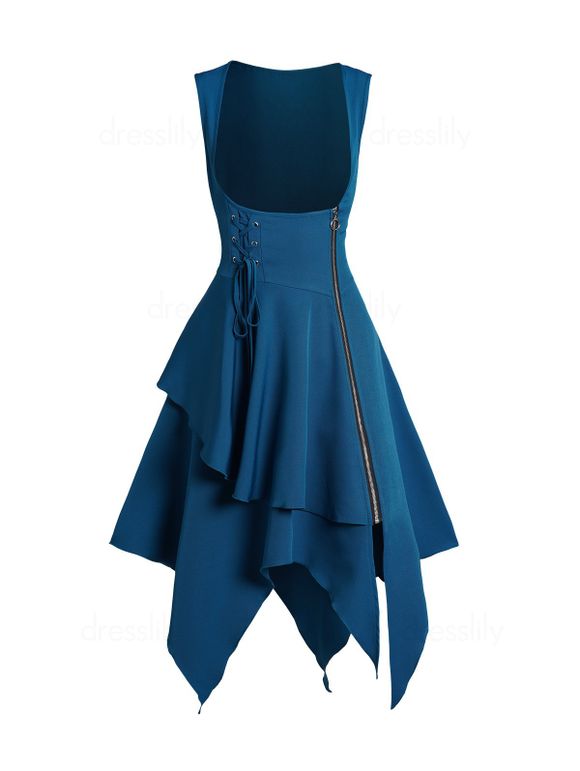 Lace Up Zip Handkerchief Dress Plain Color Sleeveless Casual Mini Dress - DEEP BLUE XL
