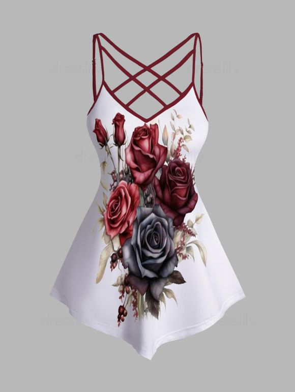 Débardeur Asymétrique en Treillis à Imprimé Rose à Bretelle Ajustable - Blanc L