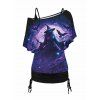 Crow and Witch Print Oblique Shoulder T Shirt and Cinched Ruched Tank Top Set - BLACK XXL