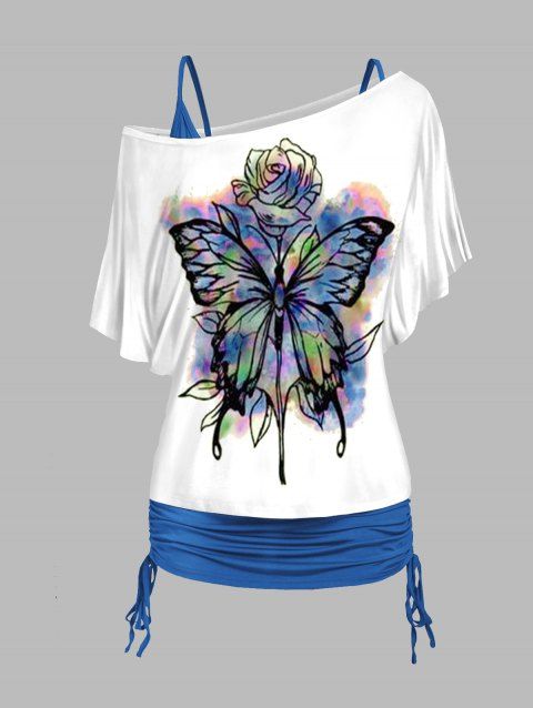 Flower Psychedelic Butterfly Print Skew Collar T-shirt Cinched Ruched Spaghetti Strap Camisole Two Piece Set