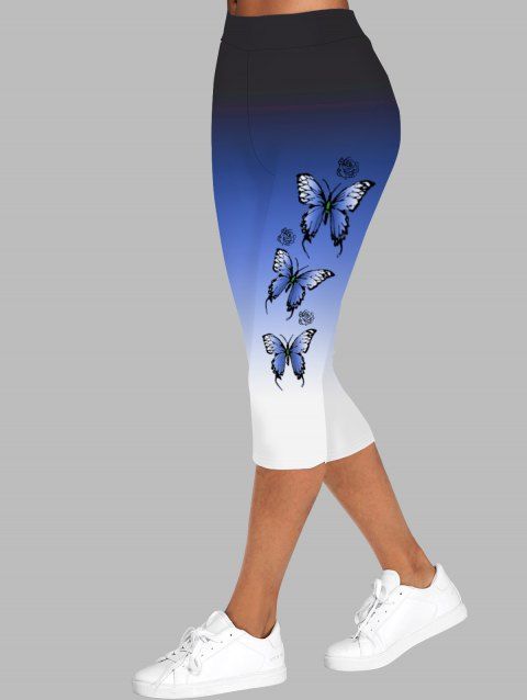 Flower Butterfly Ombre Print Capri Leggings Elastic Waist Skinny Cropped Leggings