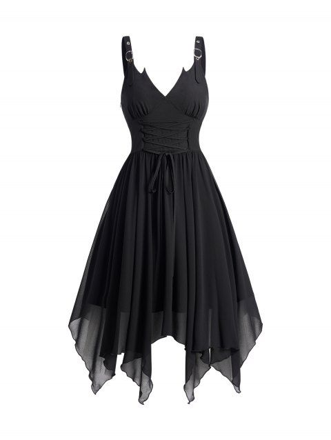 Lace Up Gothic Dress Plain Color Adjustable Buckle Strap Handkerchief Dress