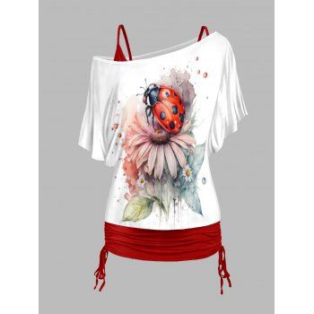 

Plus Size Daisy and Ladybug Print Oblique Shoulder T shirt and Plain Cinched Camisole Outfit, Red