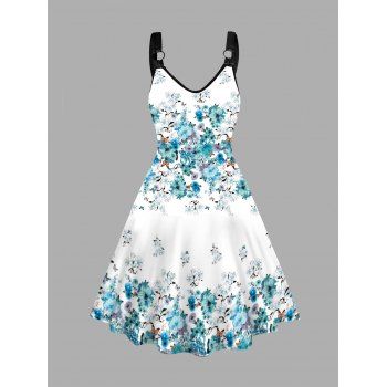 

Plus Size Floral Allover Print Dress O Ring A Line Casual Midi Dress, Light blue