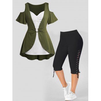 

Plus Size Colorblock Cold Shoulder Ruched Tops and Lace Up Eyelet Capri Leggings Casual Outfit, Multicolor a