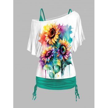 

Plus Size Sunflower Print Oblique Shoulder T Shirt and Cinched Ruched Long Tank Top Set, Light green