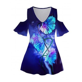 

Plus Size Flower Print T Shirt Cold Shoulder V Neck Short Sleeve Casual Top, Deep blue