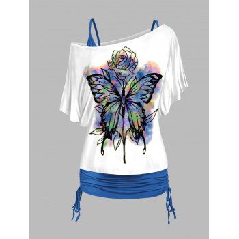 

Flower Psychedelic Butterfly Print Skew Collar T-shirt Cinched Ruched Spaghetti Strap Camisole Two Piece Set, Blue