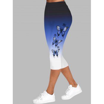 

Flower Butterfly Ombre Print Capri Leggings Elastic Waist Skinny Cropped Leggings, Blue