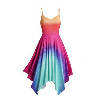 

Bright Color Ombre Spots Print Asymmetric Sundress Spaghetti Strap V Neck Maxi Dress, Multicolor