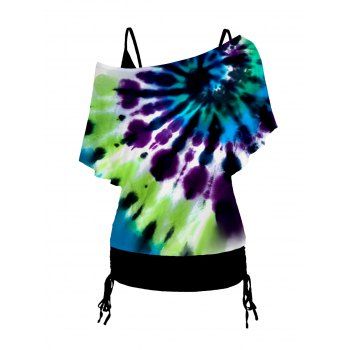 

Plus Size Spiral Tie Dye Print Skew Neck T Shirt and Cinched Ruched Long Camisole Outfit, Multicolor a